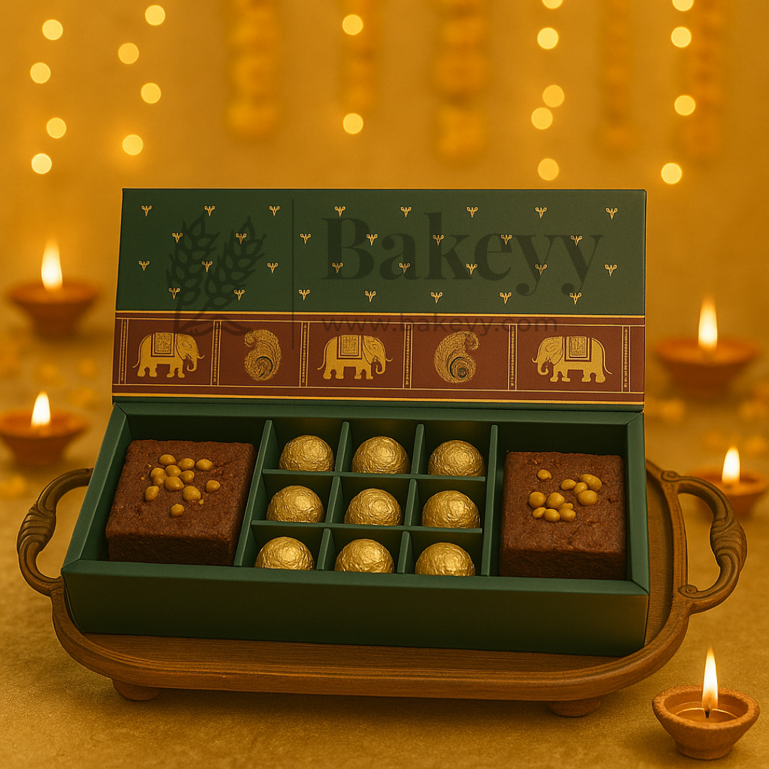 Royal Elephant and Peacock print 2 Brownie and 9 cavity Hamper Box | 1 Piece