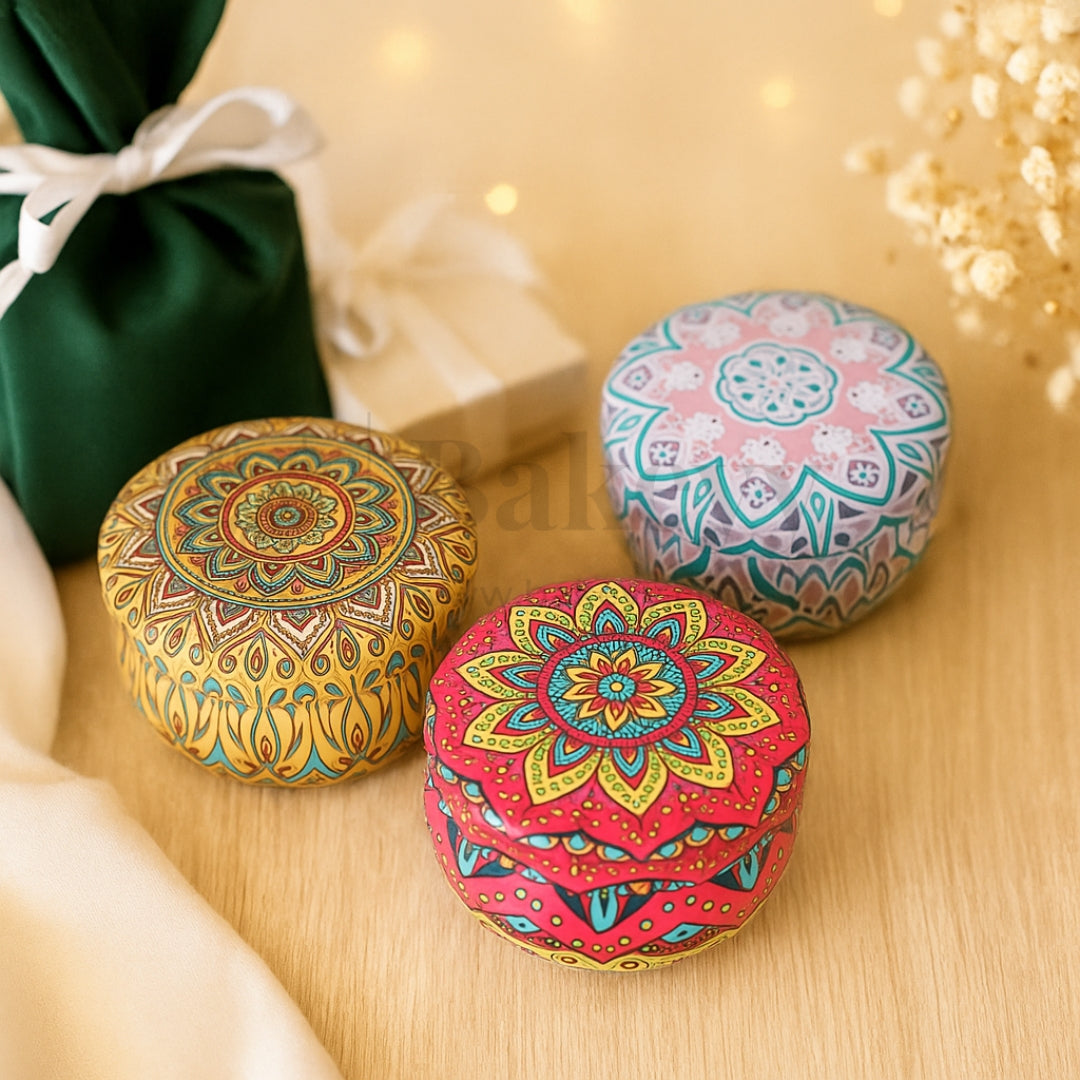 Mini Printed Matka | Random Design Round Decorative Boxes| Candle Tin Box| Pack of 12