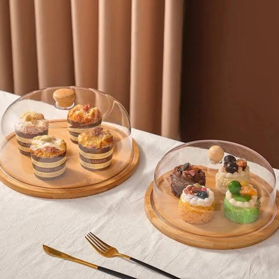 Cake Dome with Wooden Base | Dessert Display Stand | 2 Size Options | Pack of 1