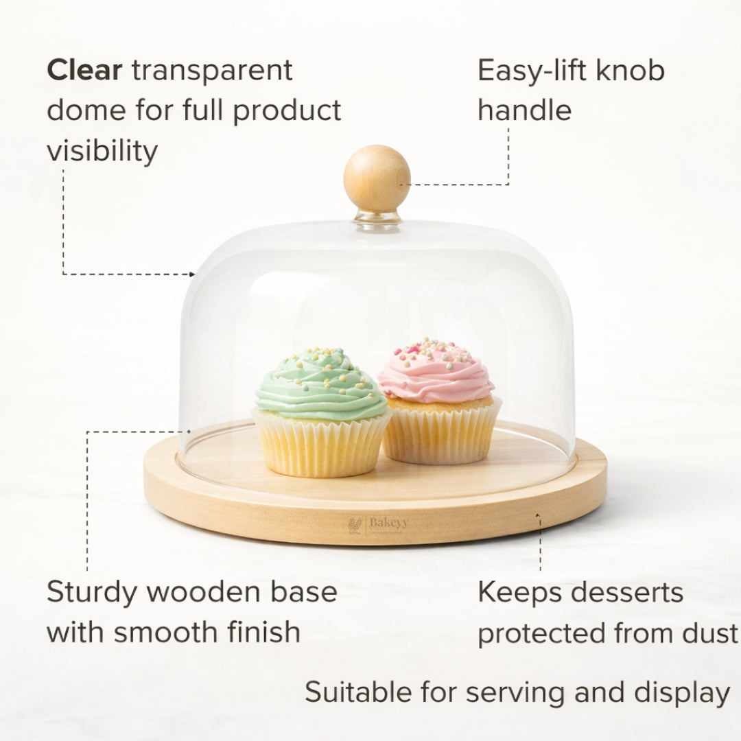 Cake Dome with Wooden Base | Dessert Display Stand | 2 Size Options | Pack of 1