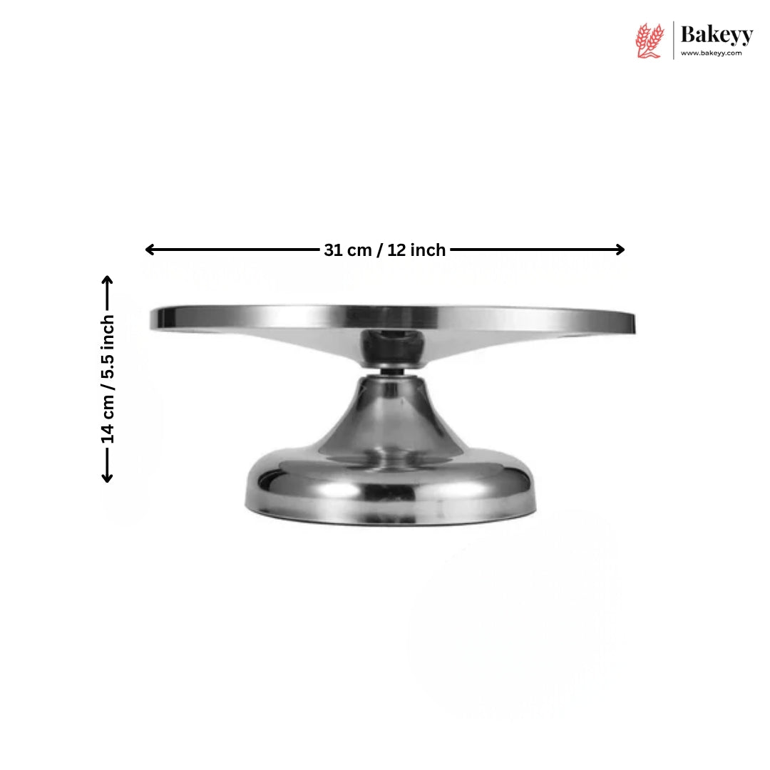 Metal cake stand with dimensions labeled on a white background, featuring the Bakeey brand.