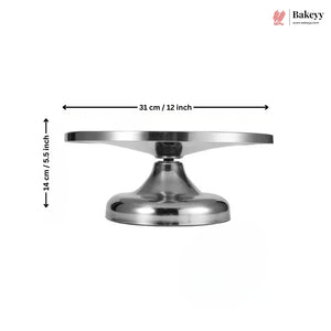 Metal cake stand with dimensions labeled on a white background, featuring the Bakeey brand.