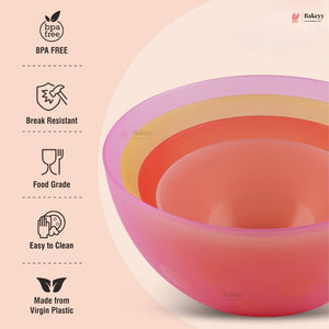 Set of colorful silicone bowls with BPA-free and other feature icons on a light pink background.
