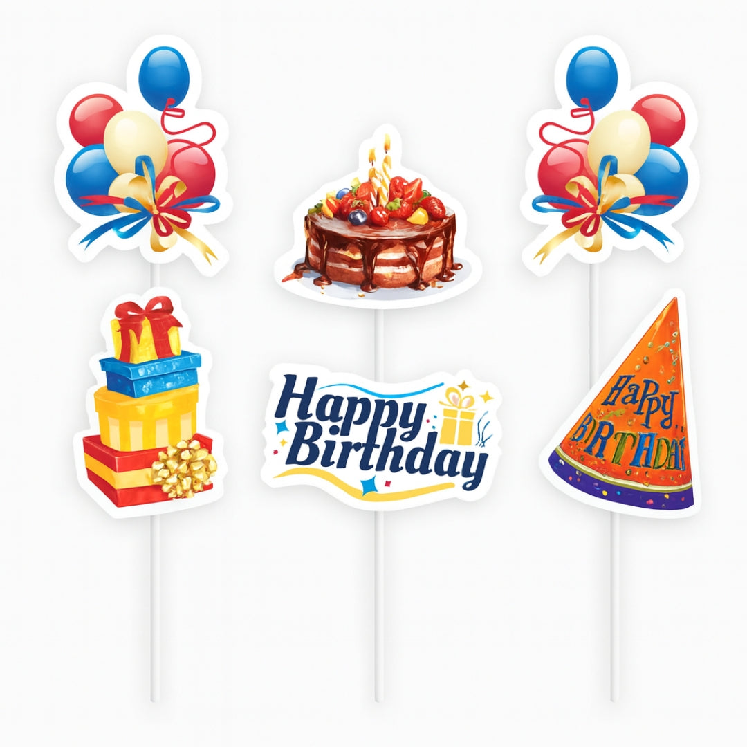 Celebration Theme Cake Topper | Assorted Designs | Celebration Event Cake Toppers | Pack of 6