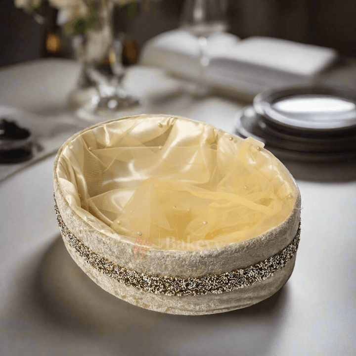 Champagne Velvet Oval Basket with Pearl Accents | Luxury Gifting Hamper - Bakeyy.com - {{ shop.shopifyCountryName }}