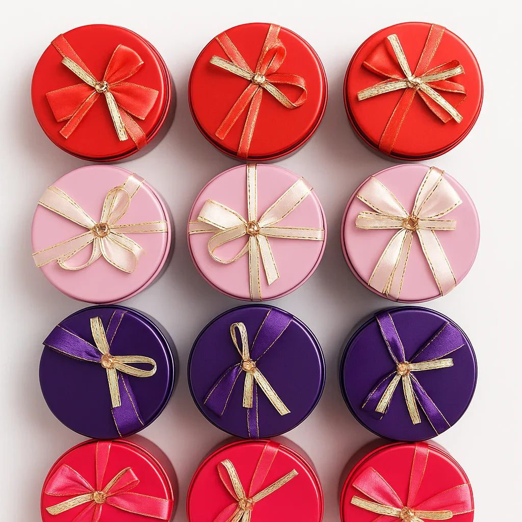 Size 1|Mixed Colours with Mixed Bow Designs Round Empty Decorative Tin Box |Pack of 12