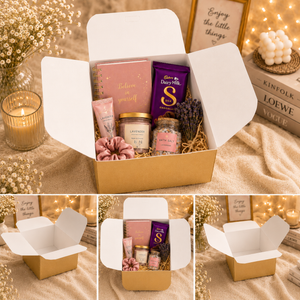 Gift box with various items including a candle, lotion, and lavender on a warm-toned fabric background.