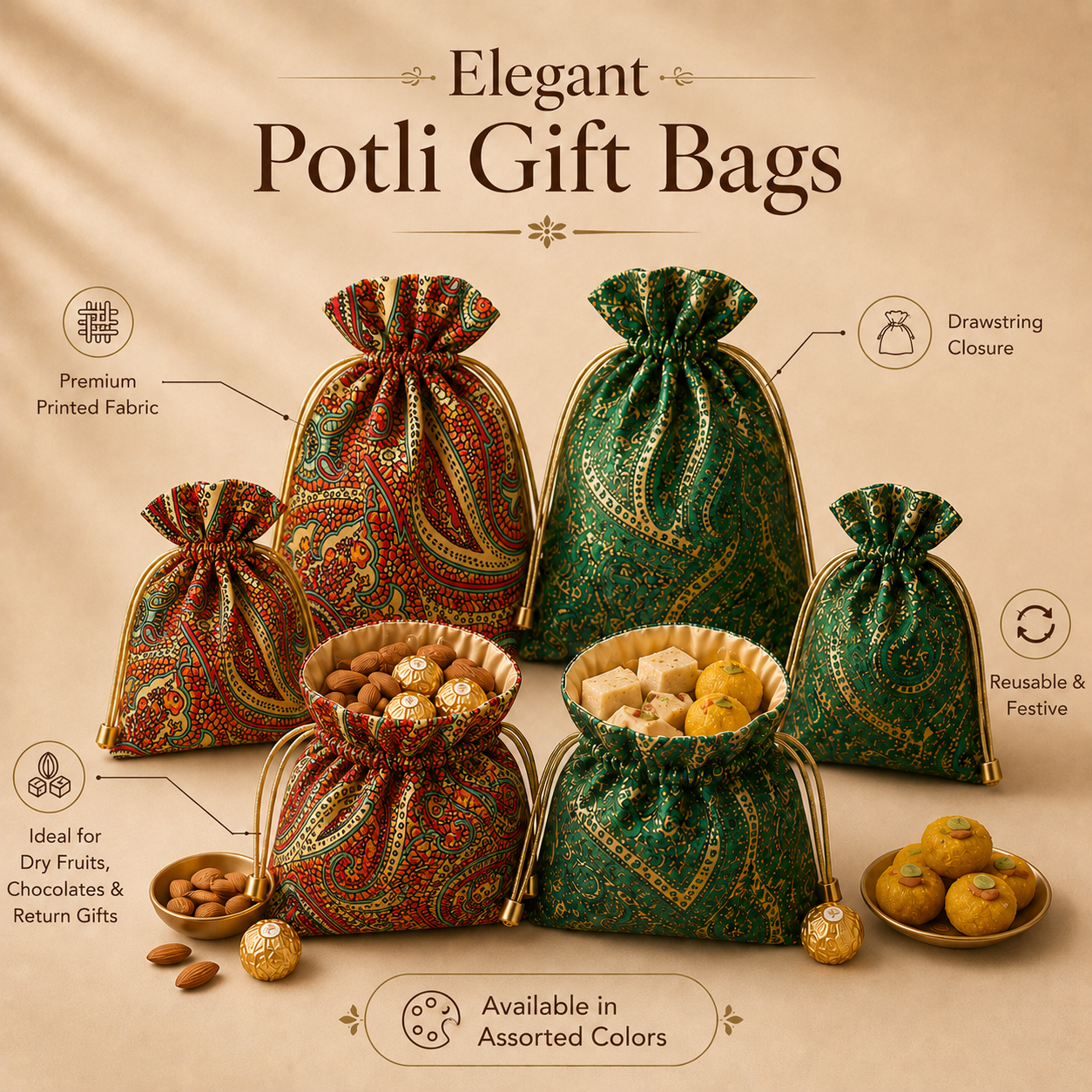 Elegant potli gift bags with various designs on a beige background