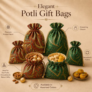 Elegant potli gift bags with various designs on a beige background