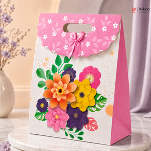 Flower Theme D-Cut Gift Bag | Bow Ribbon | Mix Design | Pack of 12