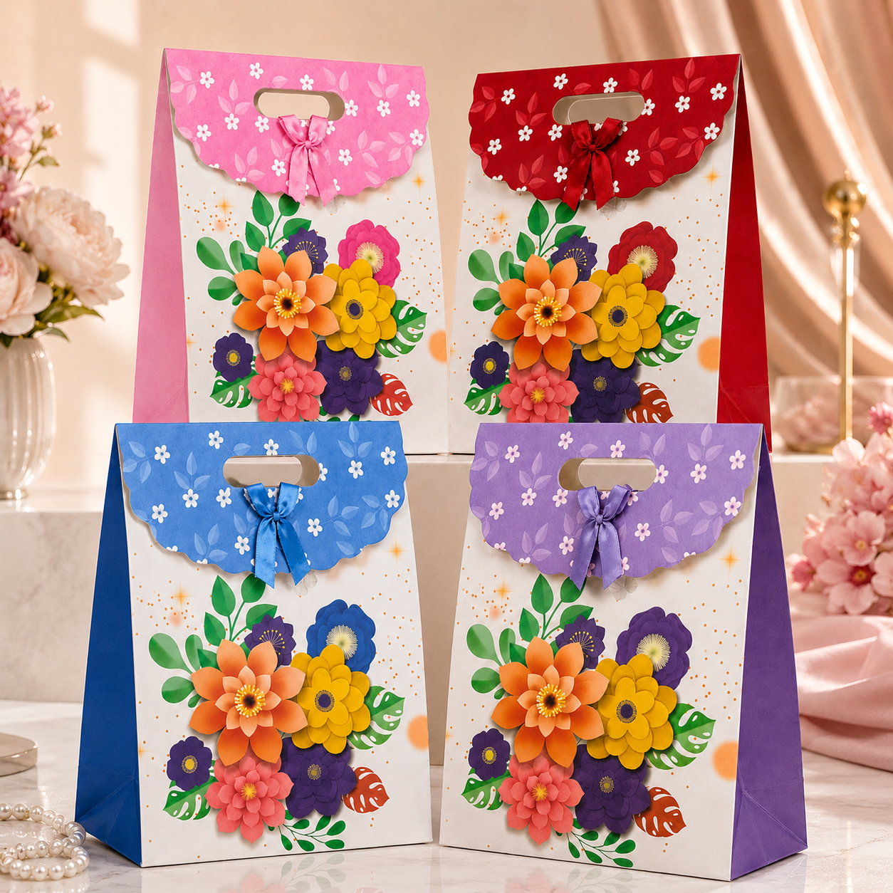 Flower Theme D-Cut Gift Bag | Bow Ribbon | Mix Design | Pack of 12