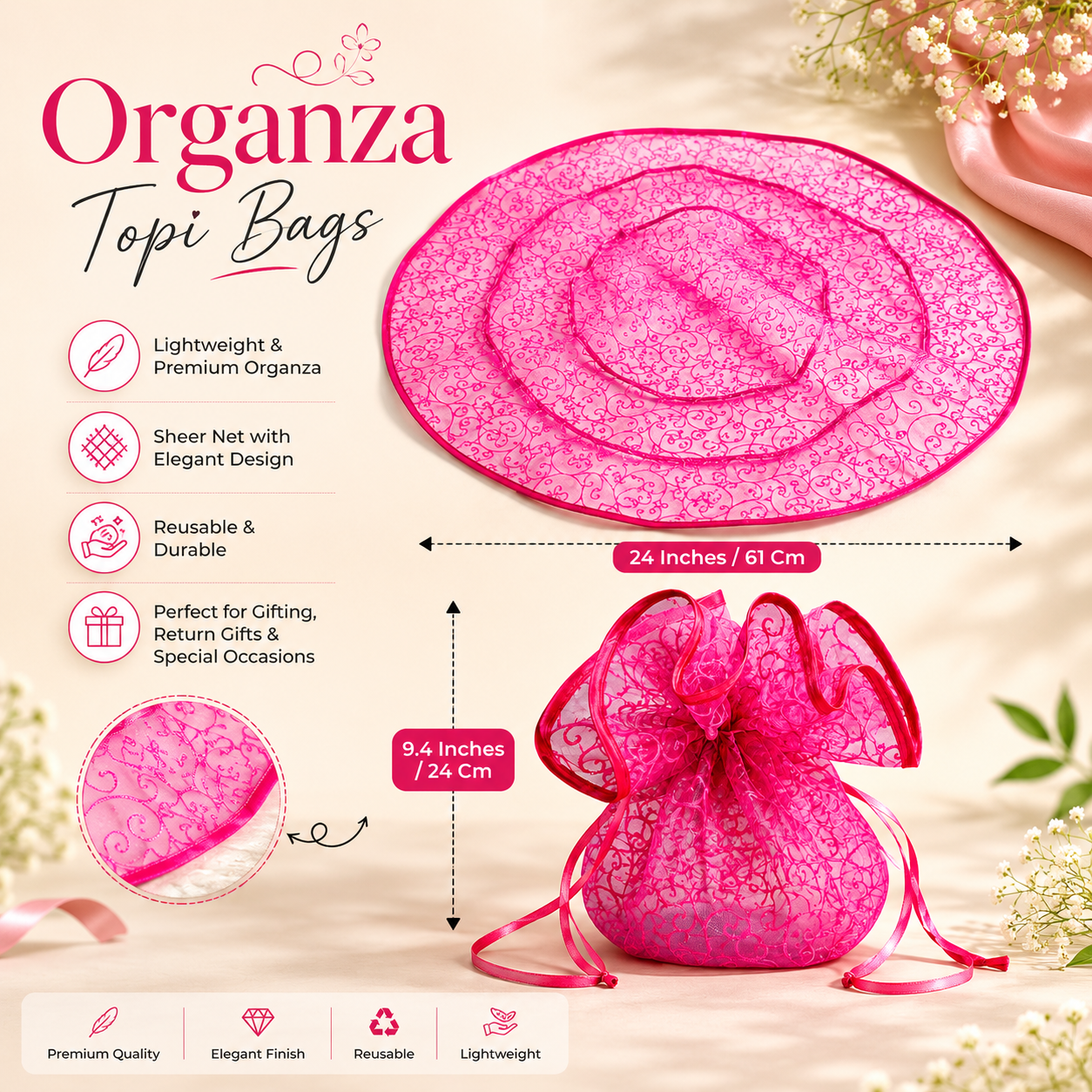 Pink organza topi bags with product details on a light background