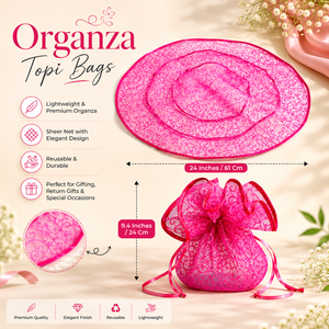 Pink organza topi bags with product details on a light background