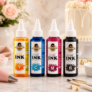 Four bottles of Bake Sale Edible Ink with a cake and flowers in the background