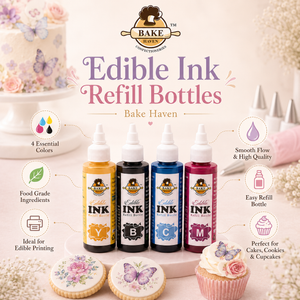 Bake Haven Edible Ink Refill Bottles with decorated cookies and cupcakes on a light background