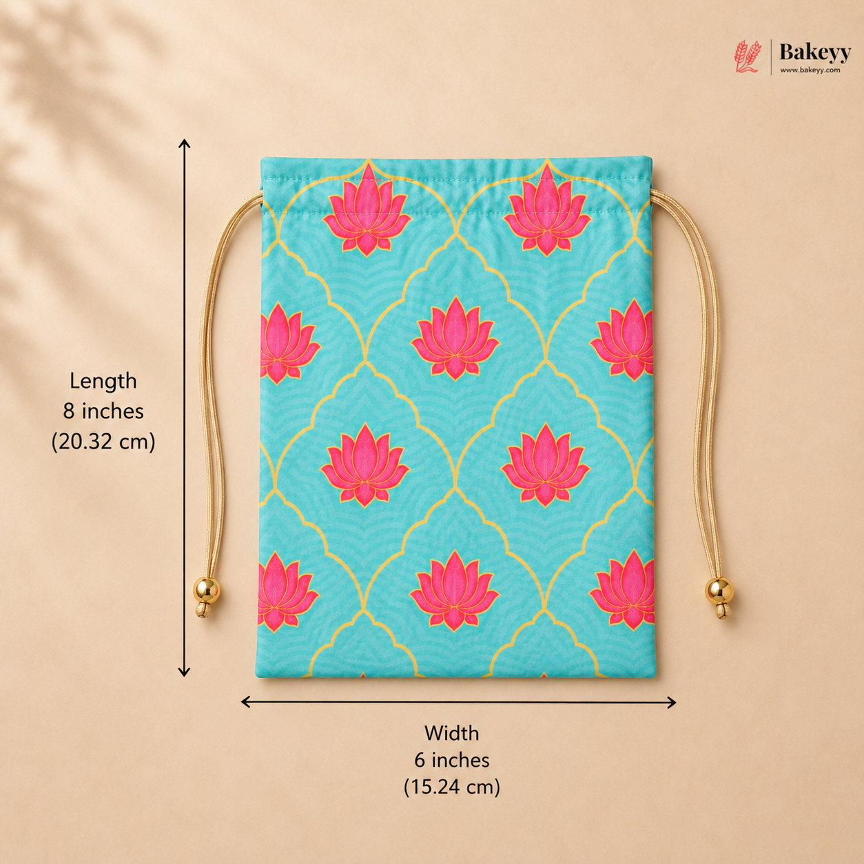 Drawstring bag with pink floral patterns on a blue background, shown with measurements and Bakey branding.
