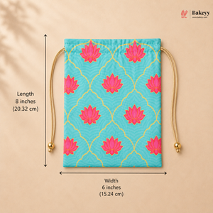 Drawstring bag with pink floral patterns on a blue background, shown with measurements and Bakey branding.
