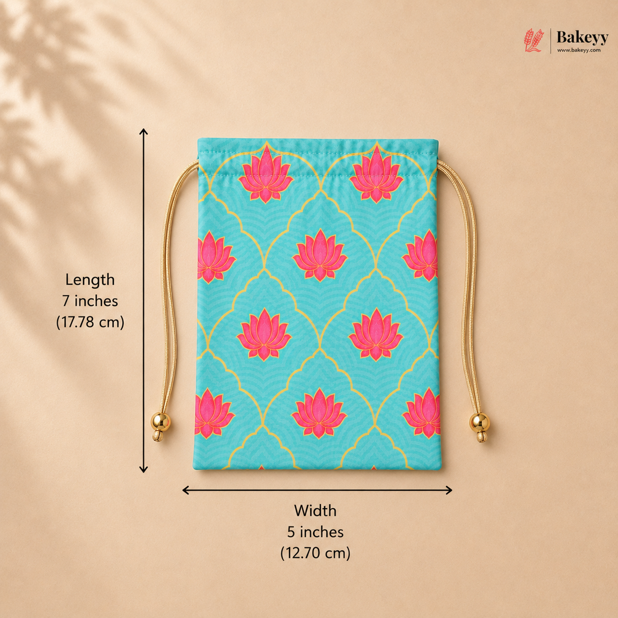 Decorative pouch with pink floral patterns on a blue background, shown with measurements and the Bakeey brand logo.