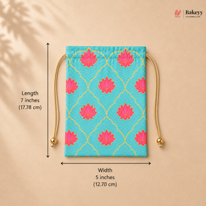 Decorative pouch with pink floral patterns on a blue background, shown with measurements and the Bakeey brand logo.