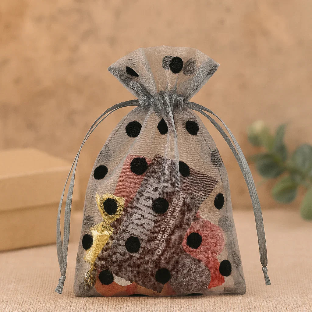 10x14 CM | Grey Polka Dot Organza Potli Bags | Pack of 100