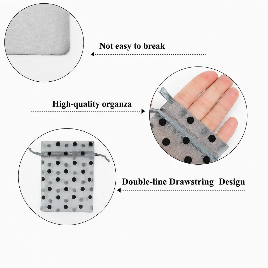 10x14 CM | Grey Polka Dot Organza Potli Bags | Pack of 100