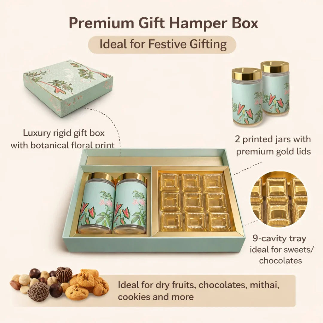 Luxury rigid gift box with botanical floral print
2 printed jars with premium gold lids
9-cavity tray ideal for sweets/chocolates
Ideal for dry fruits, chocolates, mithai, cookies and more
Strong build and premium look for festive gifting