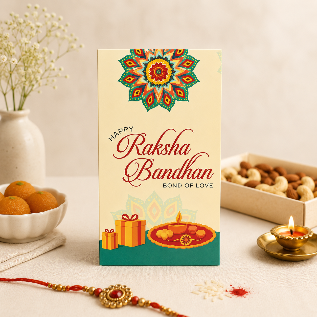 A rectangular greeting card standing upright on a tabletop, printed with 'Happy Raksha Bandhan Bond of Love' and a colorful mandala design. The card is styled in a warm home setting with a red and gold Rakhi in the foreground, a lit brass diya, a bowl of orange fruits, and a box of nuts in the background.