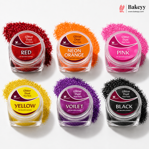 Set of six jars of colorful glitter dust with labels on a white background, featuring the Bakey brand.