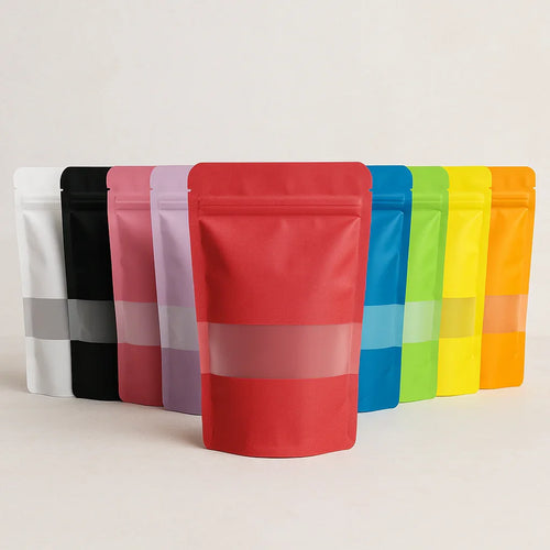 Zip Lock Pouch With Window - Stand Up | Colored - Bakeyy.com - India - Zip Lock Pouch With Window - Stand Up | Colored - 100g / Gold