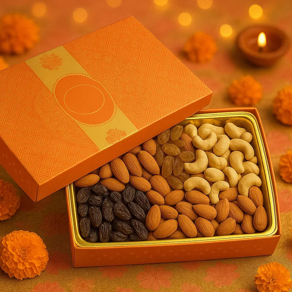 One Kg Sweet Box | Elegant Orange sweet and chocolate box with Golden tray | Pack of 10 - Bakeyy.com - India - One Kg Sweet Box | Elegant Orange sweet and chocolate box with Golden tray | Pack of 10 - Default Title