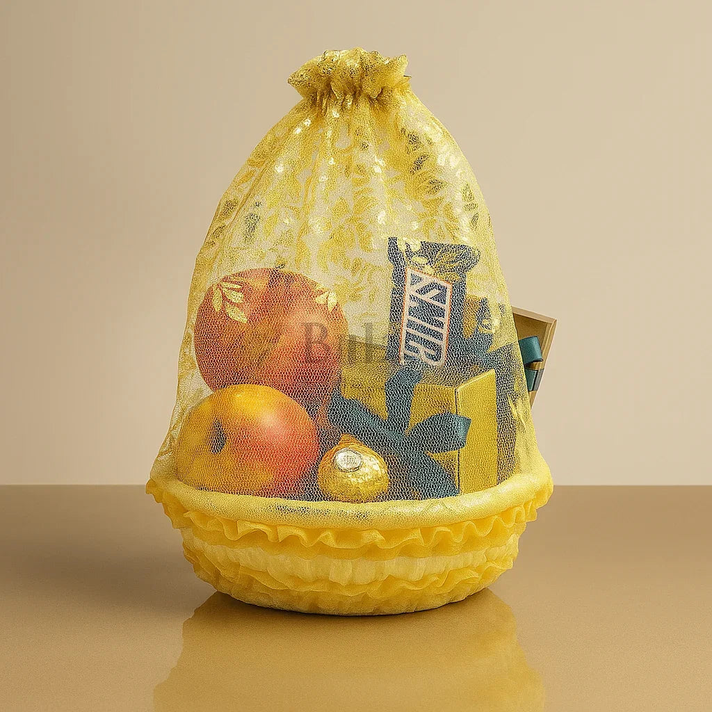 Medium | Gold Round Decorative Net Basket | Hamper Basket | Pack of 1