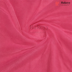 A close-up of bright pink organza fabric with a sheer, lightweight texture, arranged in elegant swirls. The Bakeyy brand logo is visible in the top right corner.