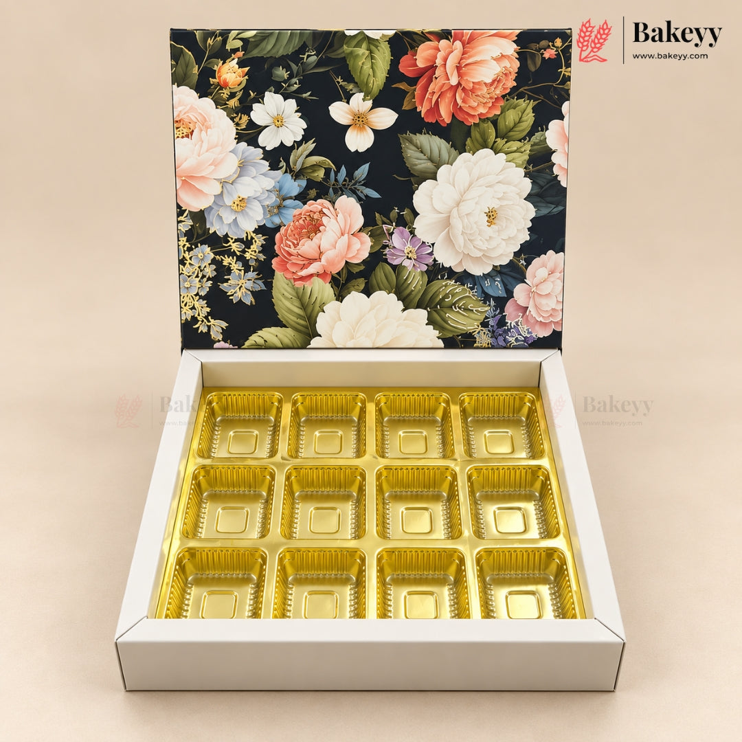Printed Floral Chocolate Box with Golden Cavity | 3 Designs | Pack of 25