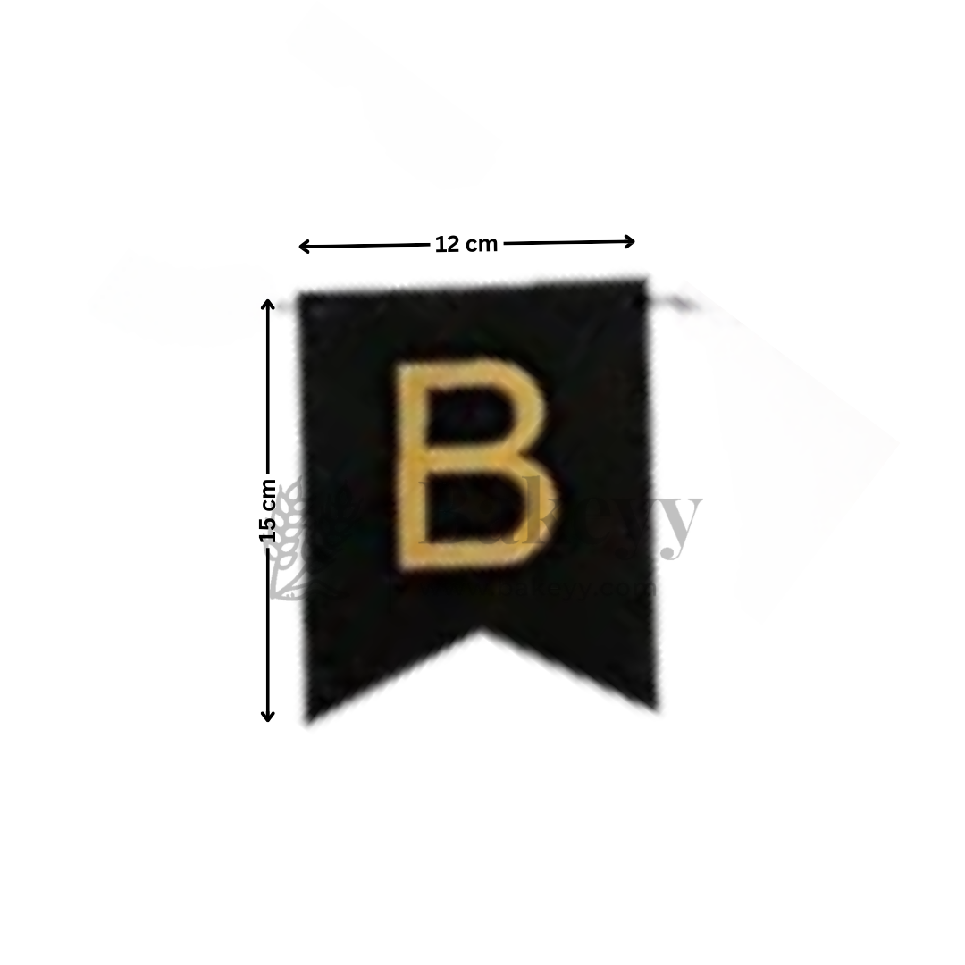 Black & Gold Happy Birthday Banner – 12x15 cm Letters with Satin Hanging String | Pack of 1