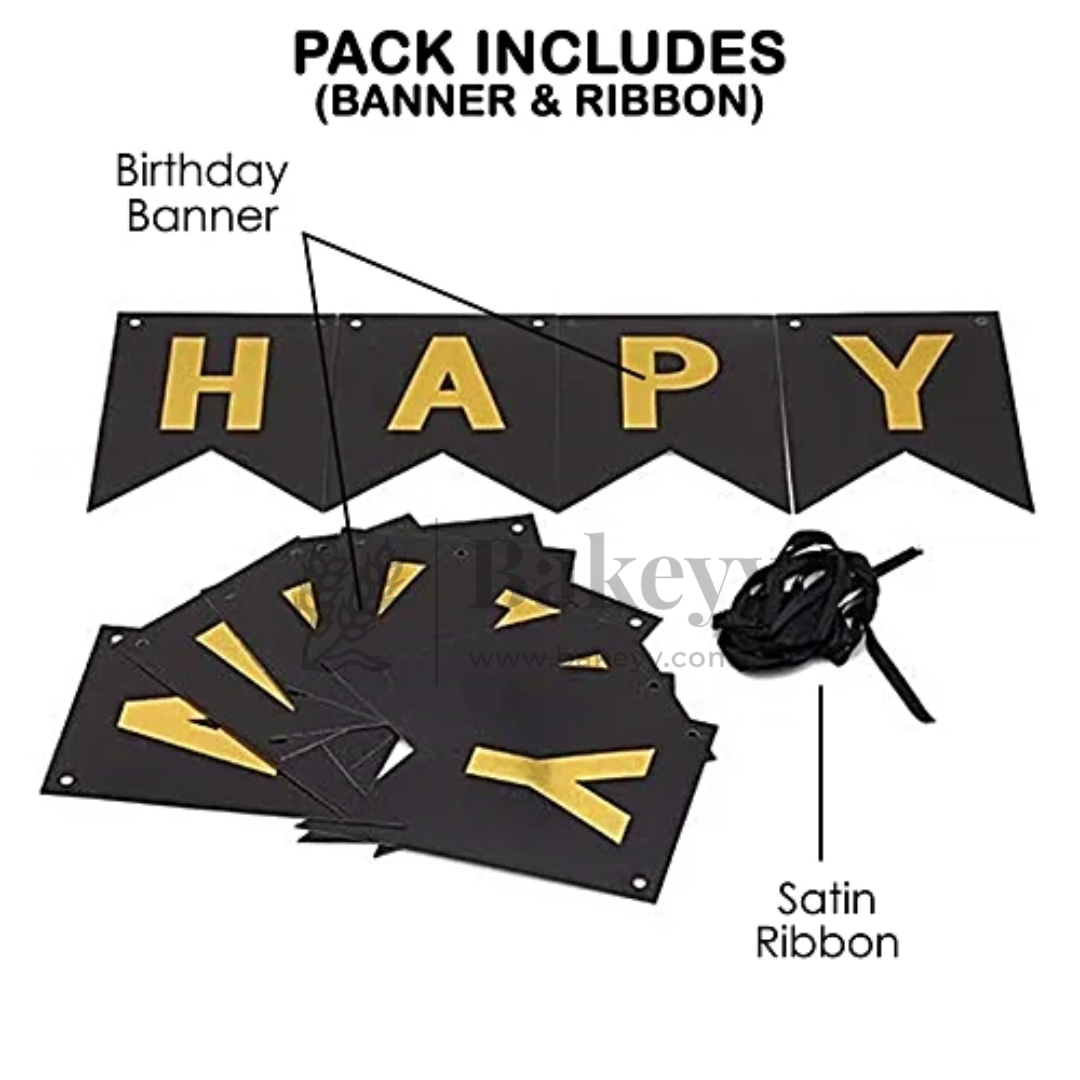 Black & Gold Happy Birthday Banner – 12x15 cm Letters with Satin Hanging String | Pack of 1
