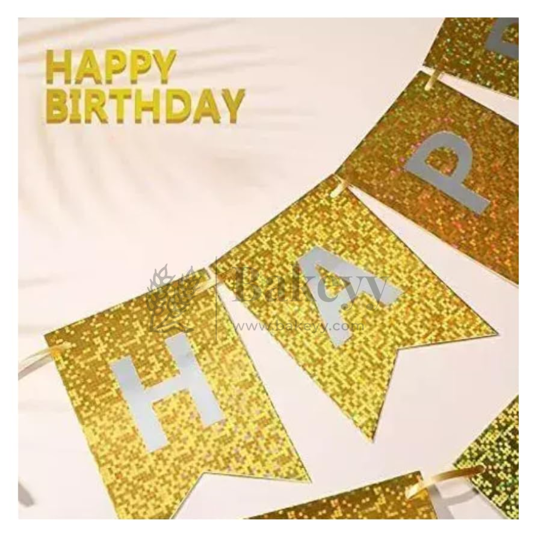 Gold Glitter Happy Birthday Banner – 11x16 cm Letters with Satin Hanging String | Pack of 1