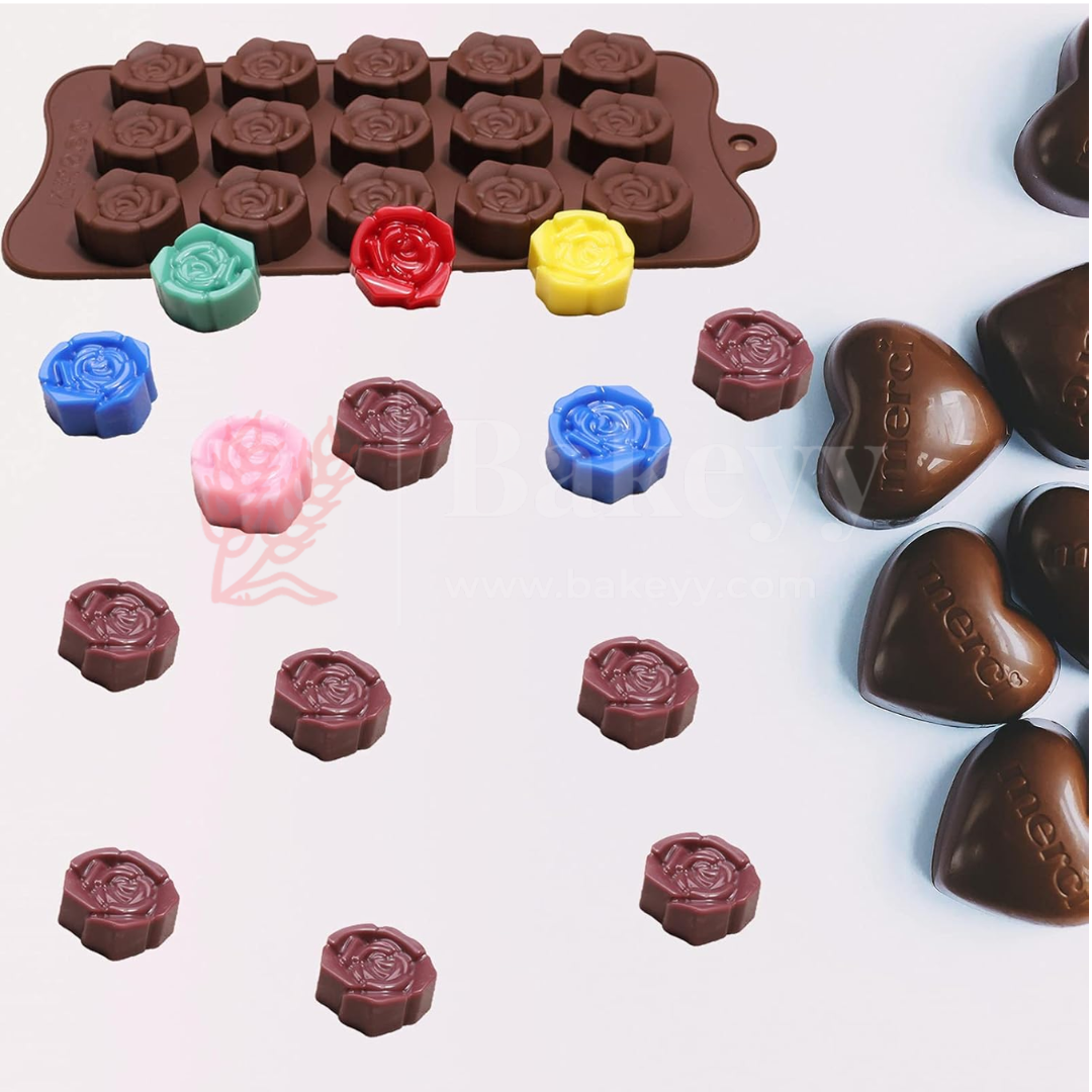 15-Cavity | Rose Shape Silicone Chocolate Mold | Non-Stick Baking & Candy Making Tray | 1 Piece