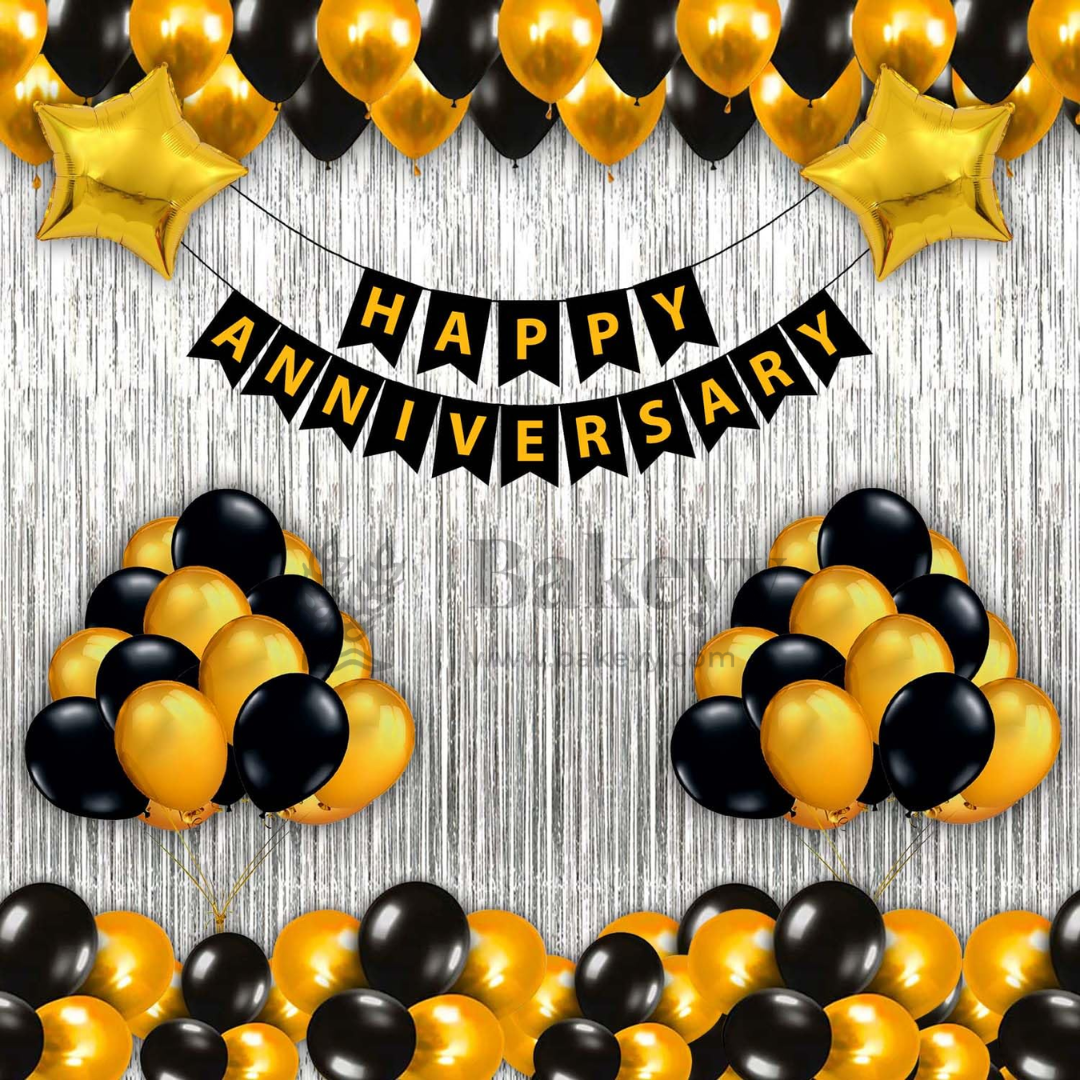 Happy Anniversary Decoration Set – Gold & Black Party Combo with Banner, Balloons, Foil Curtains & Stars | Party Decor | 1 Piece
