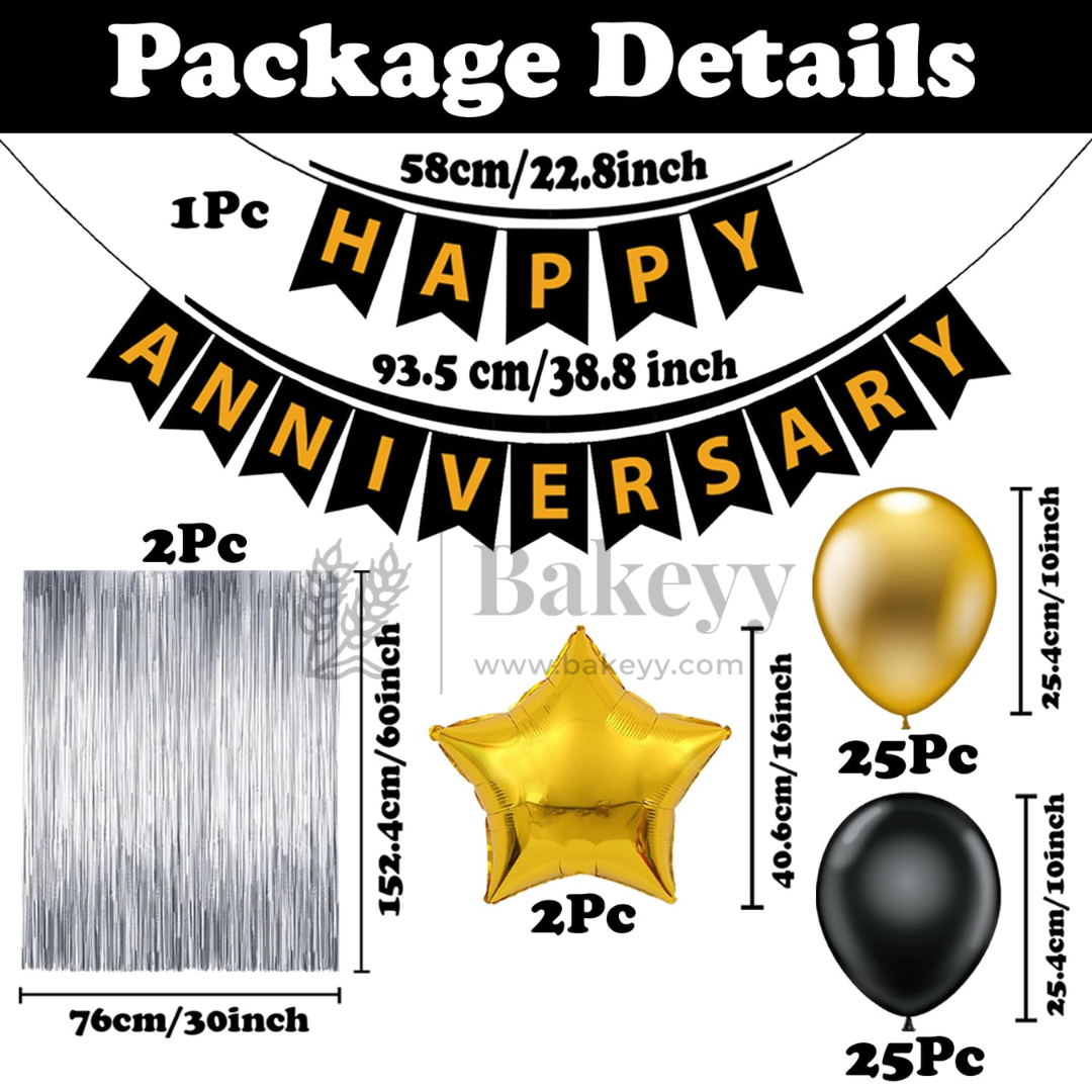 Happy Anniversary Decoration Set – Gold & Black Party Combo with Banner, Balloons, Foil Curtains & Stars | Party Decor | 1 Piece