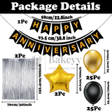 Happy Anniversary Decoration Set – Gold & Black Party Combo with Banner, Balloons, Foil Curtains & Stars | Party Decor | 1 Piece