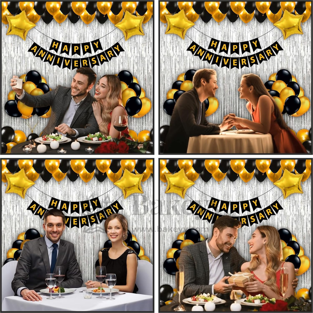 Happy Anniversary Decoration Set – Gold & Black Party Combo with Banner, Balloons, Foil Curtains & Stars | Party Decor | 1 Piece