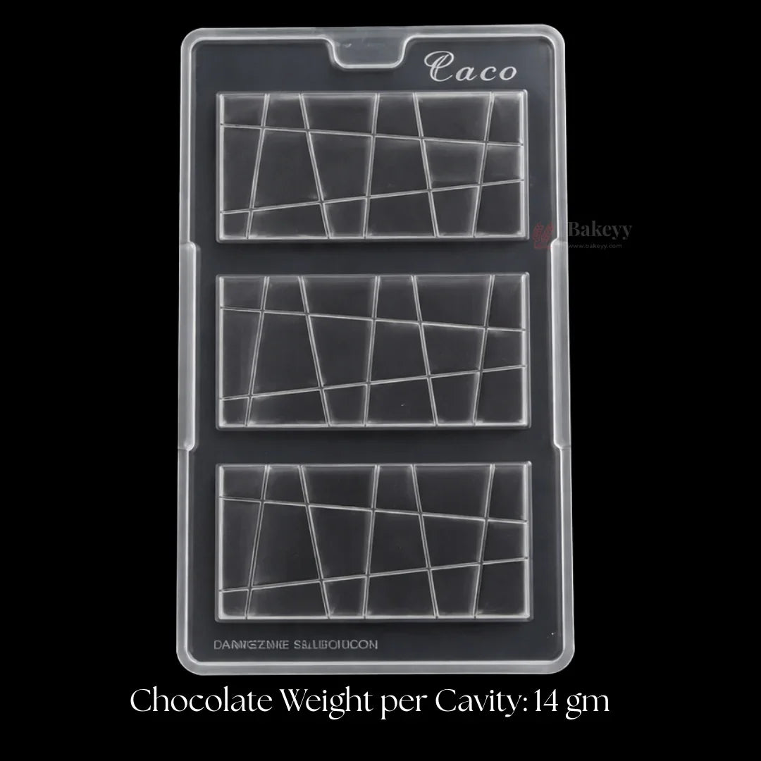 Clear chocolate bar mould with 3 rectangular cavities, geometric design, Bakeyy baking supply