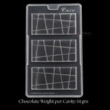 Clear chocolate bar mould with 3 rectangular cavities, geometric design, Bakeyy baking supply