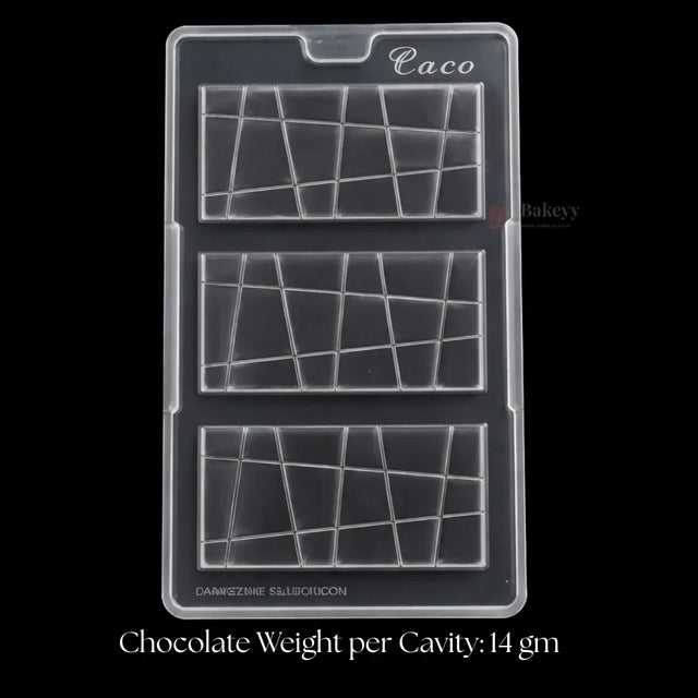 Clear chocolate bar mould with 3 rectangular cavities, geometric design, Bakeyy baking supply