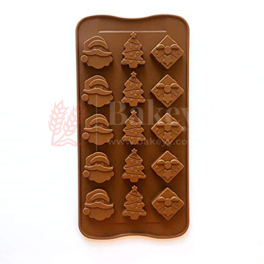 15-Cavity | Christmas Theme Silicone Chocolate Mold | Santa, Tree & Gift Box Design | Non-Stick Baking & Candy Making Tray | 1 Piece