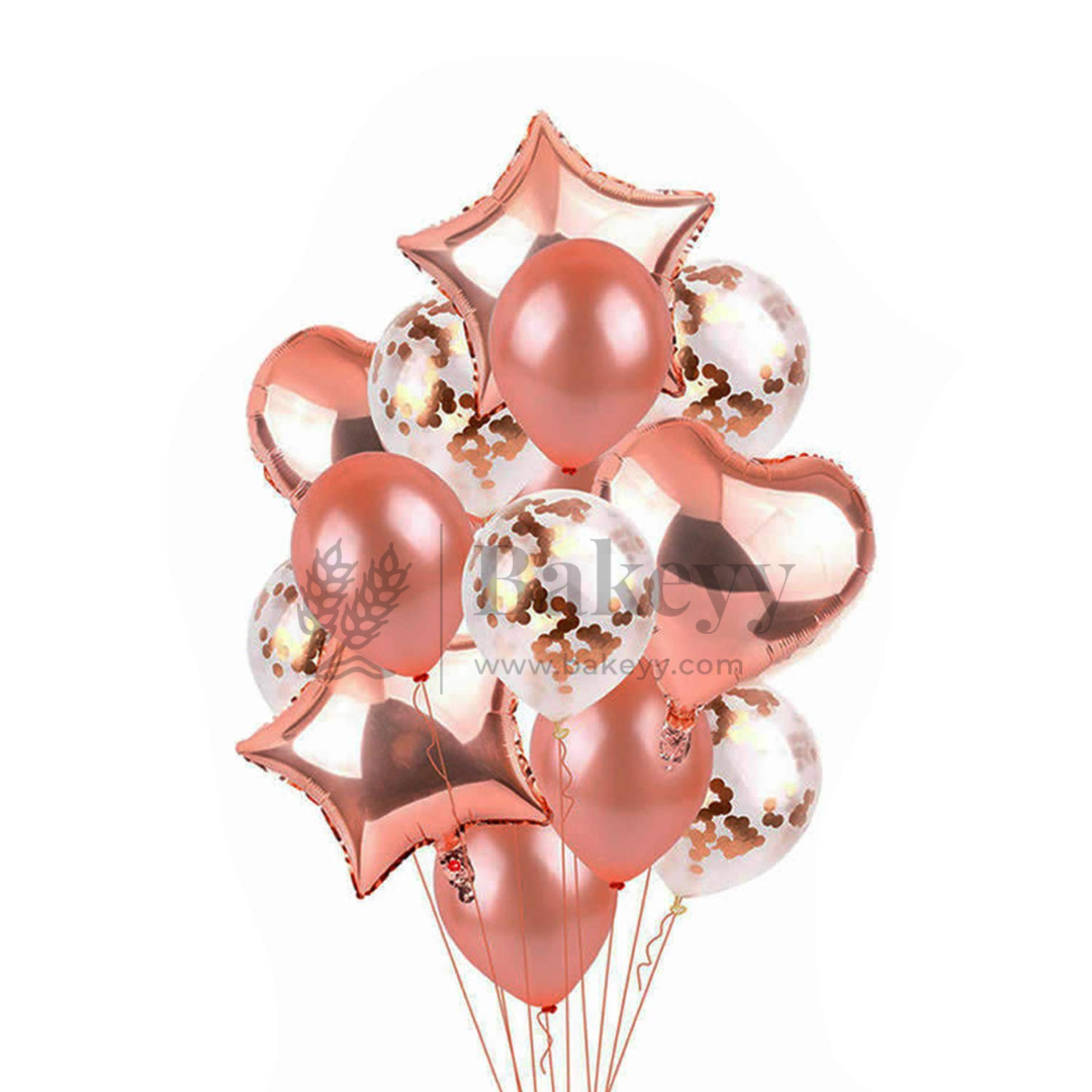 Rose Gold Heart & Star Balloon Set | Party Decoration Combo | 14 pc Set | 1 Piece