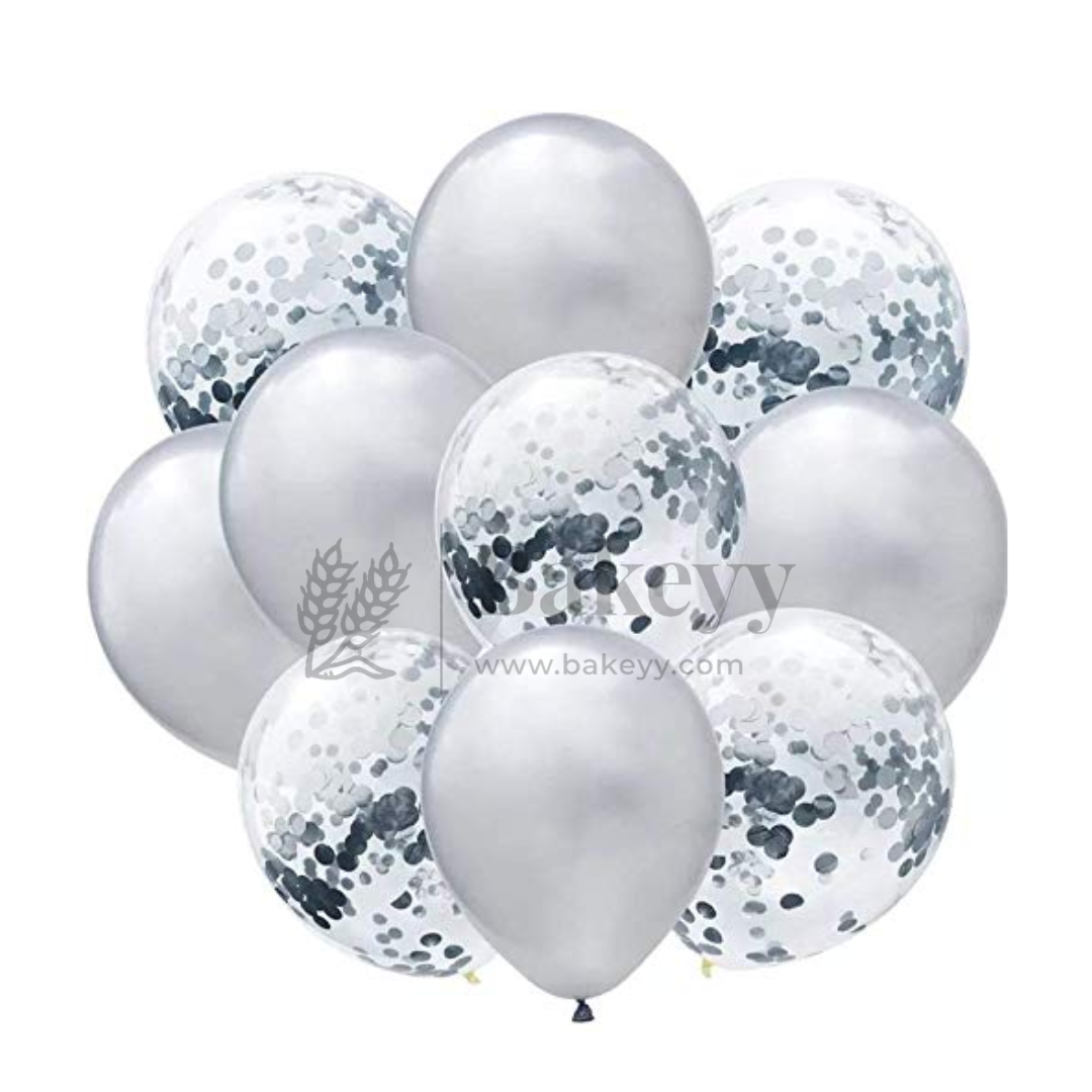 Silver Balloon Set – Latex & Confetti Combo | Party Decoration Combo | 10 pc Set | 1 Piece