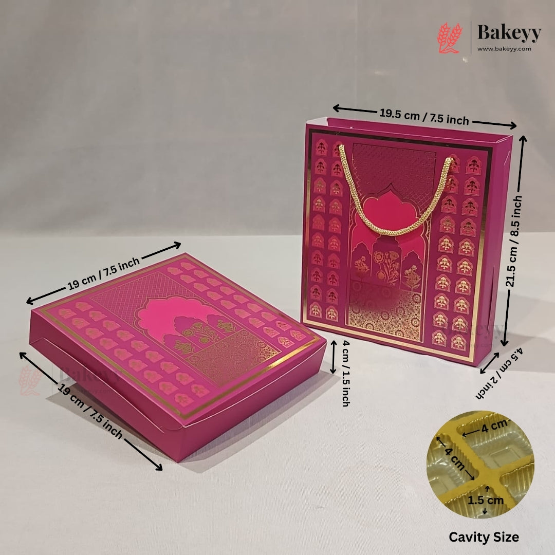 Traditional Arch & Floral Printed Chocolate Gift Box with Matching Handle Paper Bag | With & Without Cavity | Pack of 10