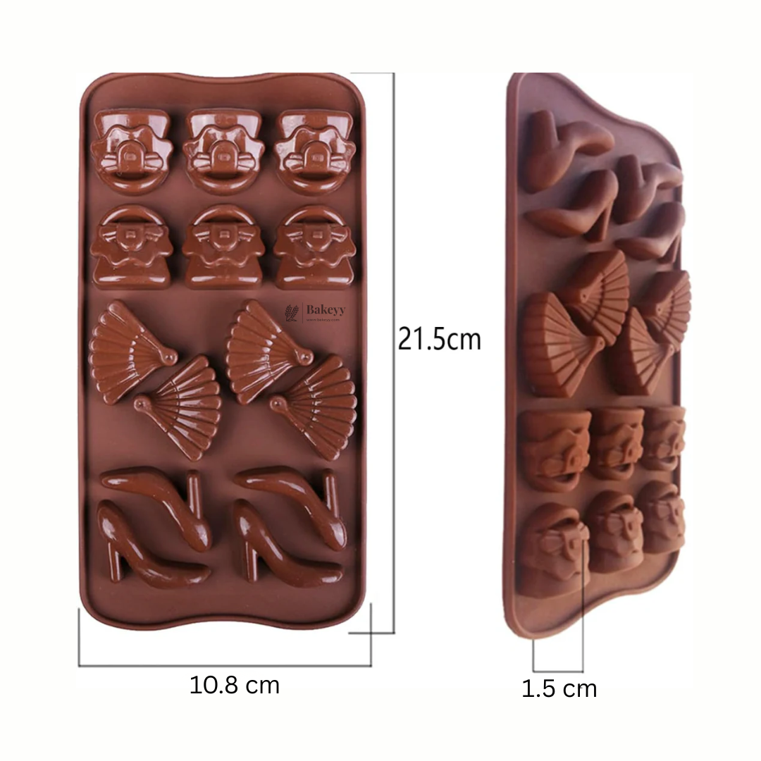 14-Cavity | Heel, Handbag and Fan Shape Silicone Chocolate Mold | Non-Stick Baking & Candy Making Tray | 1 Piece