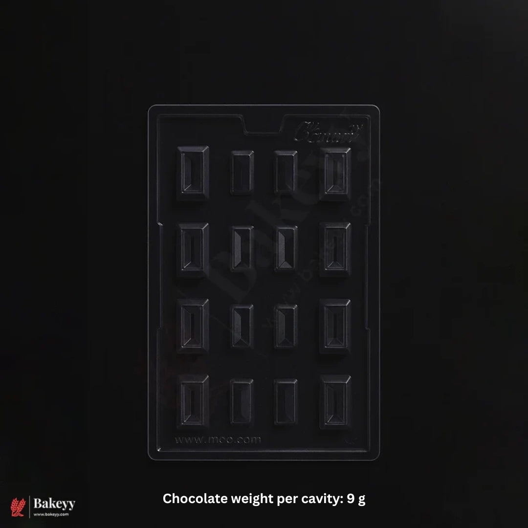 A black plastic chocolate mold with 16 rectangular cavities, shown on a black background with text indicating 'Chocolate weight per cavity: 9 g' and a Bakeyy logo in the bottom left.